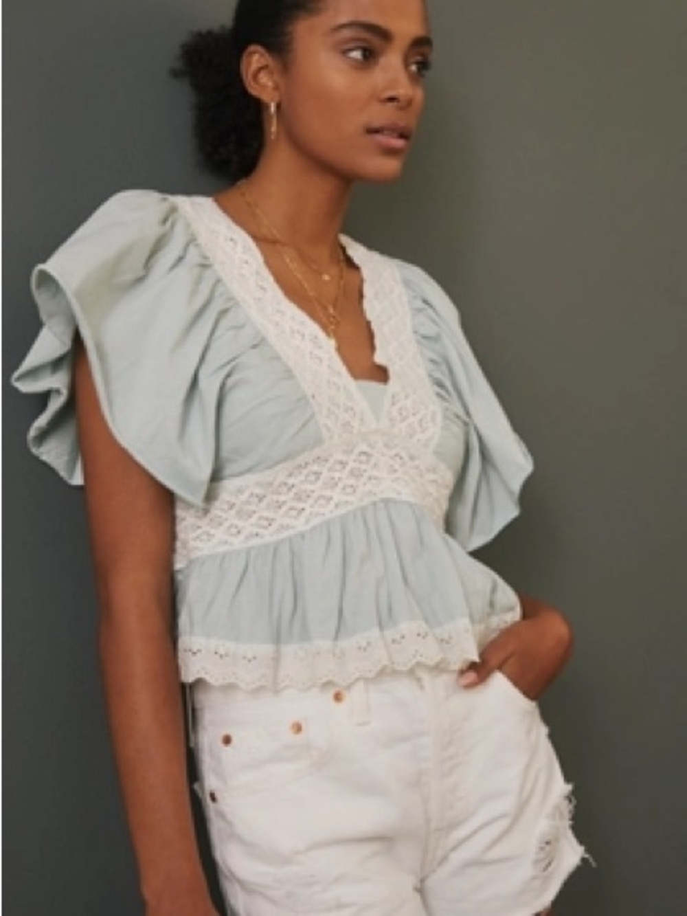 Anthropologie light mint green babydoll ruffle accent top sz L